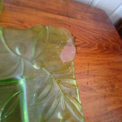 Green Glass Table Lamp & Vintage Glass Plate