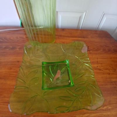 Green Glass Table Lamp & Vintage Glass Plate