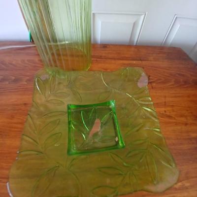 Green Glass Table Lamp & Vintage Glass Plate