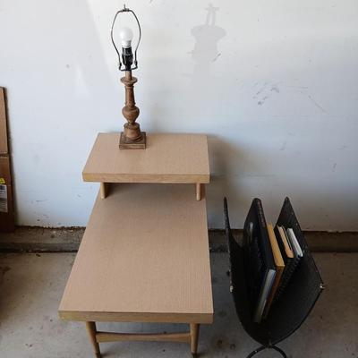 Mid-Century Side Table, Wood Lamp & Metal Magazine Rack Lot