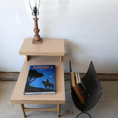 Mid-Century Side Table, Wood Lamp & Metal Magazine Rack Lot