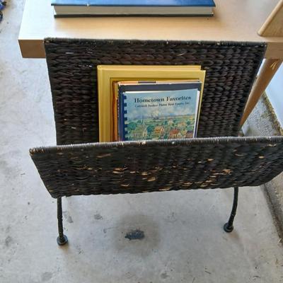 Mid-Century Side Table, Wood Lamp & Metal Magazine Rack Lot