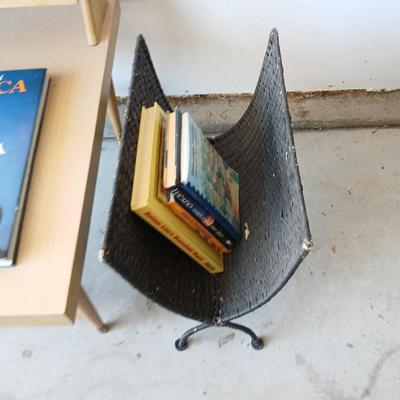 Mid-Century Side Table, Wood Lamp & Metal Magazine Rack Lot