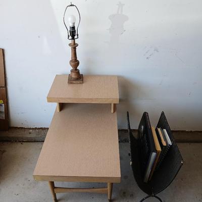 Mid-Century Side Table, Wood Lamp & Metal Magazine Rack Lot
