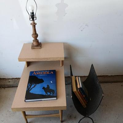 Mid-Century Side Table, Wood Lamp & Metal Magazine Rack Lot