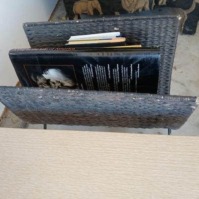 Mid-Century Side Table, Wood Lamp & Metal Magazine Rack Lot