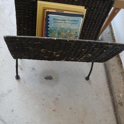 Mid-Century Side Table, Wood Lamp & Metal Magazine Rack Lot