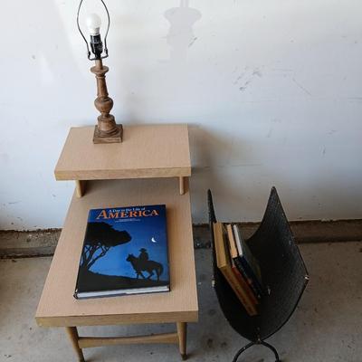 Mid-Century Side Table, Wood Lamp & Metal Magazine Rack Lot