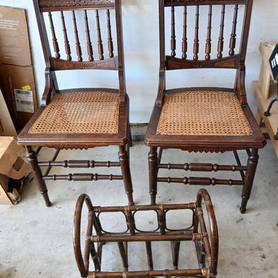 Pair of Antique Spindle-Back Cane Chairs & Bamboo Magazine Rack