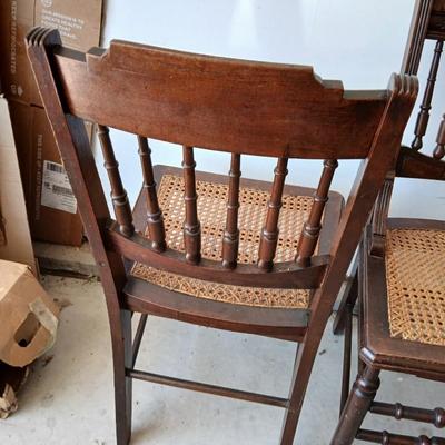 Pair of Antique Spindle-Back Cane Chairs & Bamboo Magazine Rack