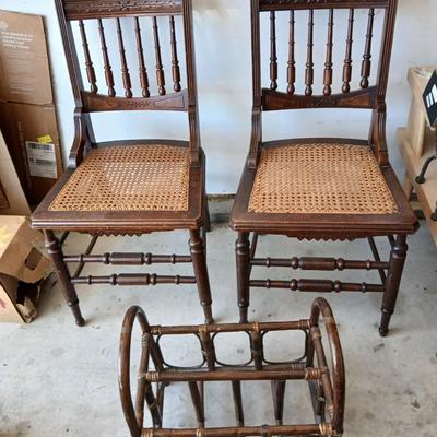 Pair of Antique Spindle-Back Cane Chairs & Bamboo Magazine Rack