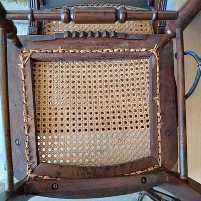 Pair of Antique Spindle-Back Cane Chairs & Bamboo Magazine Rack