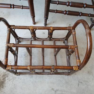 Pair of Antique Spindle-Back Cane Chairs & Bamboo Magazine Rack
