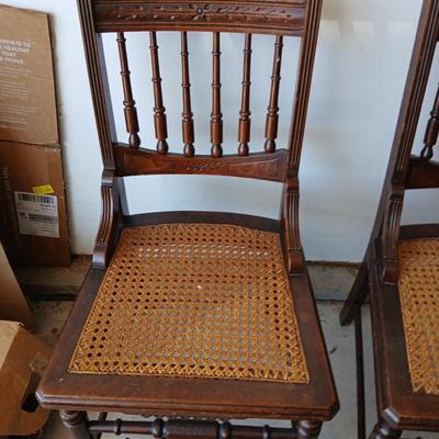 Pair of Antique Spindle-Back Cane Chairs & Bamboo Magazine Rack