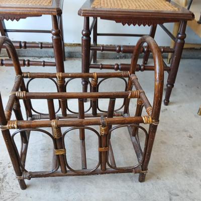 Pair of Antique Spindle-Back Cane Chairs & Bamboo Magazine Rack