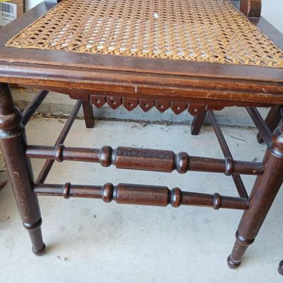 Pair of Antique Spindle-Back Cane Chairs & Bamboo Magazine Rack