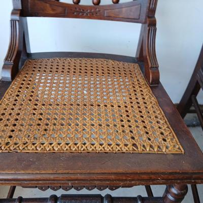Pair of Antique Spindle-Back Cane Chairs & Bamboo Magazine Rack