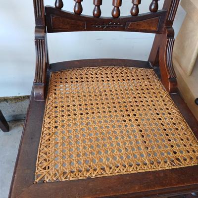 Pair of Antique Spindle-Back Cane Chairs & Bamboo Magazine Rack