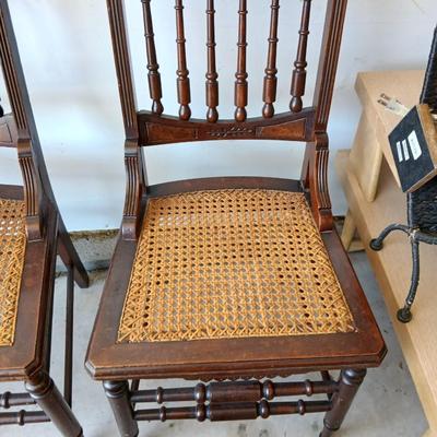 Pair of Antique Spindle-Back Cane Chairs & Bamboo Magazine Rack