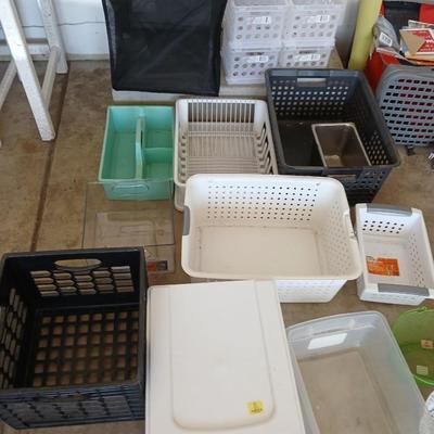 Large Lot of Storage Bins, Crates, and Organizers