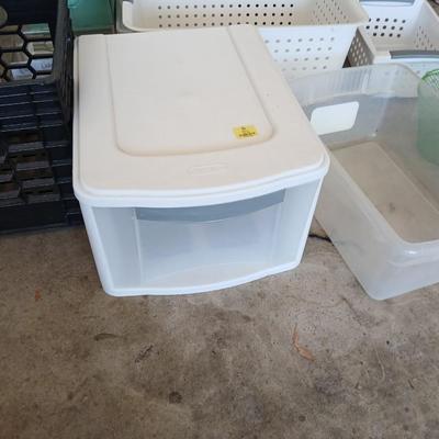 Large Lot of Storage Bins, Crates, and Organizers