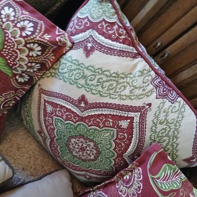 Decorative Throw Pillow Lot – Burgundy, Green, and Neutral Tones