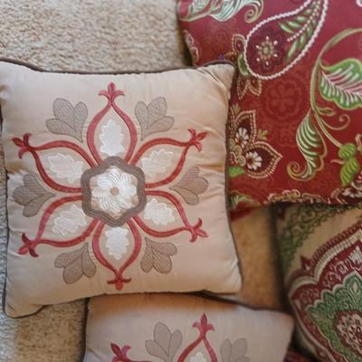 Decorative Throw Pillow Lot – Burgundy, Green, and Neutral Tones