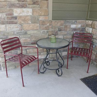 Outdoor Bistro Patio Set – Table with 2 Red Metal Chairs