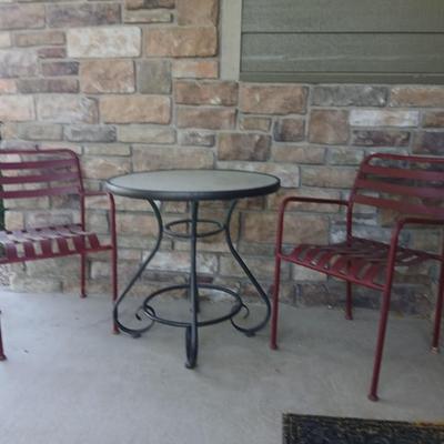 Outdoor Bistro Patio Set – Table with 2 Red Metal Chairs