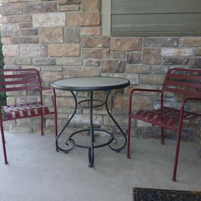 Outdoor Bistro Patio Set – Table with 2 Red Metal Chairs