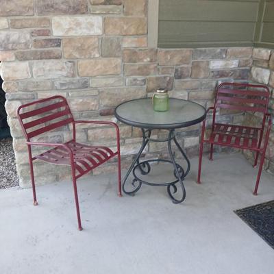 Outdoor Bistro Patio Set – Table with 2 Red Metal Chairs