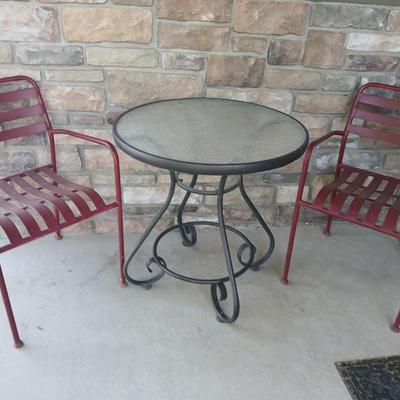 Outdoor Bistro Patio Set – Table with 2 Red Metal Chairs