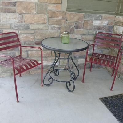 Outdoor Bistro Patio Set – Table with 2 Red Metal Chairs