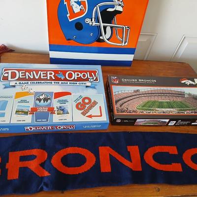 Denver Broncos Fan Lot – Games, Metal Broncos sign, Denveropoly game, puzzle & Scarf