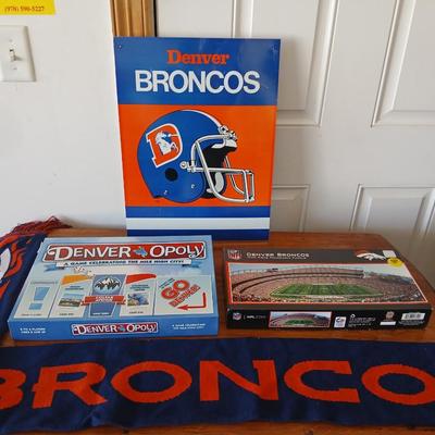 Denver Broncos Fan Lot – Games, Metal Broncos sign, Denveropoly game, puzzle & Scarf