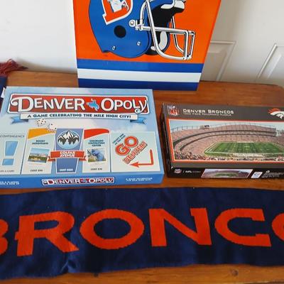 Denver Broncos Fan Lot – Games, Metal Broncos sign, Denveropoly game, puzzle & Scarf