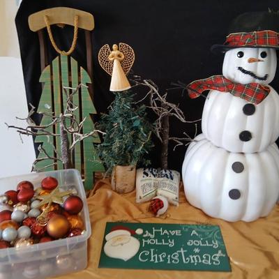 Rustic Snowman made from plastic pumpkins & Woodland Christmas Décor Lot