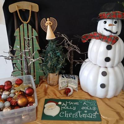 Rustic Snowman made from plastic pumpkins & Woodland Christmas Décor Lot