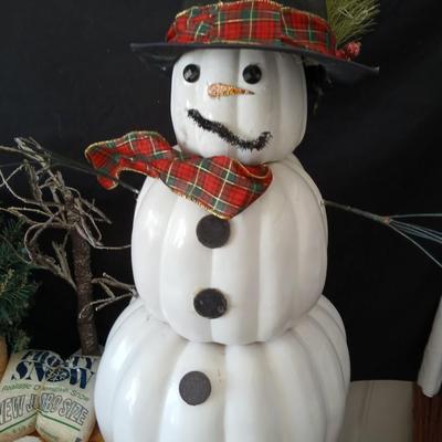 Rustic Snowman made from plastic pumpkins & Woodland Christmas Décor Lot