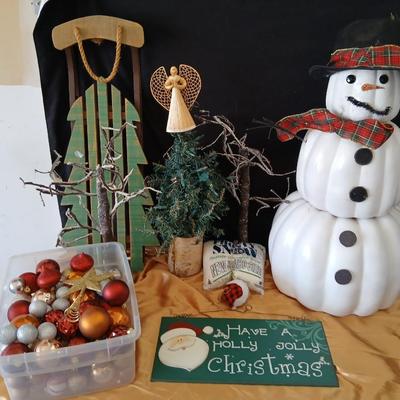 Rustic Snowman made from plastic pumpkins & Woodland Christmas Décor Lot