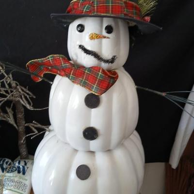 Rustic Snowman made from plastic pumpkins & Woodland Christmas Décor Lot