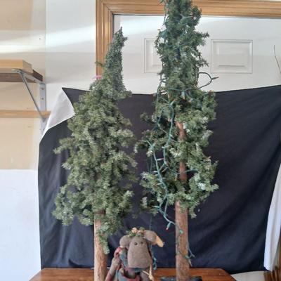 Pair of Artificial Alpine Trees with Primitive Moose Doll