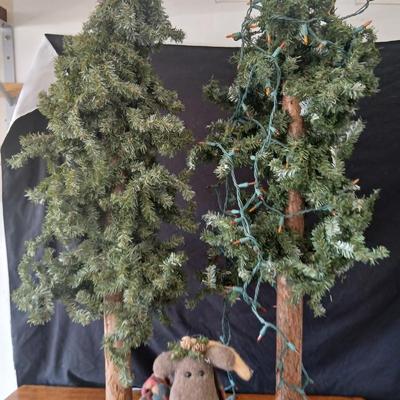 Pair of Artificial Alpine Trees with Primitive Moose Doll