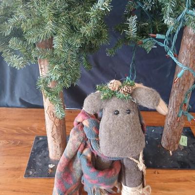 Pair of Artificial Alpine Trees with Primitive Moose Doll