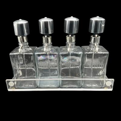 Vintage MCM Pump Liquor Dispenser Glass Decanter Set Lucite Tray 4 bottles