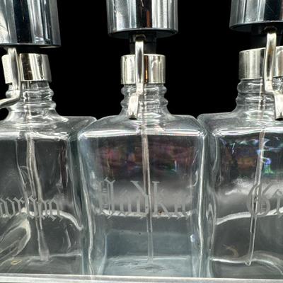 Vintage MCM Pump Liquor Dispenser Glass Decanter Set Lucite Tray 4 bottles