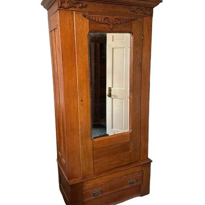 Antique Oak Armoire with Beveled Mirror and Lower Drawer