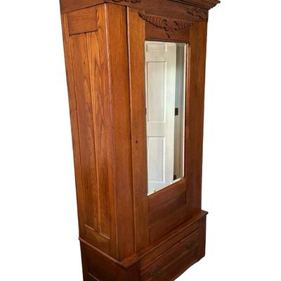 Antique Oak Armoire with Beveled Mirror and Lower Drawer