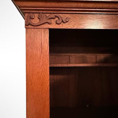Antique Oak Armoire with Beveled Mirror and Lower Drawer