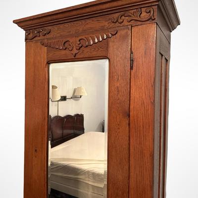 Antique Oak Armoire with Beveled Mirror and Lower Drawer